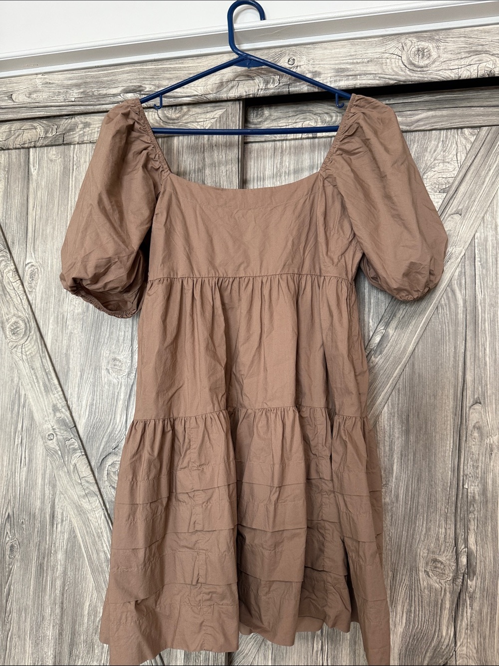 American Eagle Brand, Puff Sleeve Tiered Mini Dress in Light Brown